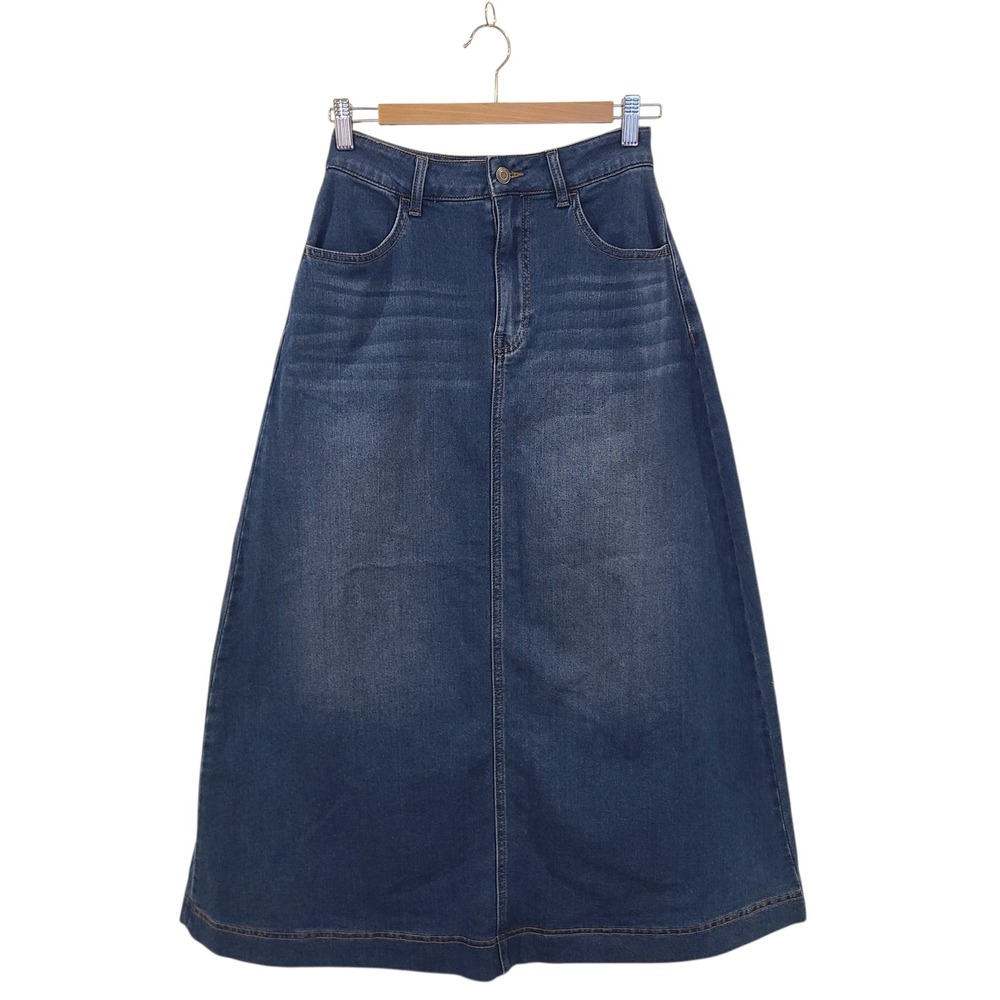 Nwt COMCOCA Blue Denim Maxi Skirt A-Line High Waist Back Slit Medium Wash Size M
